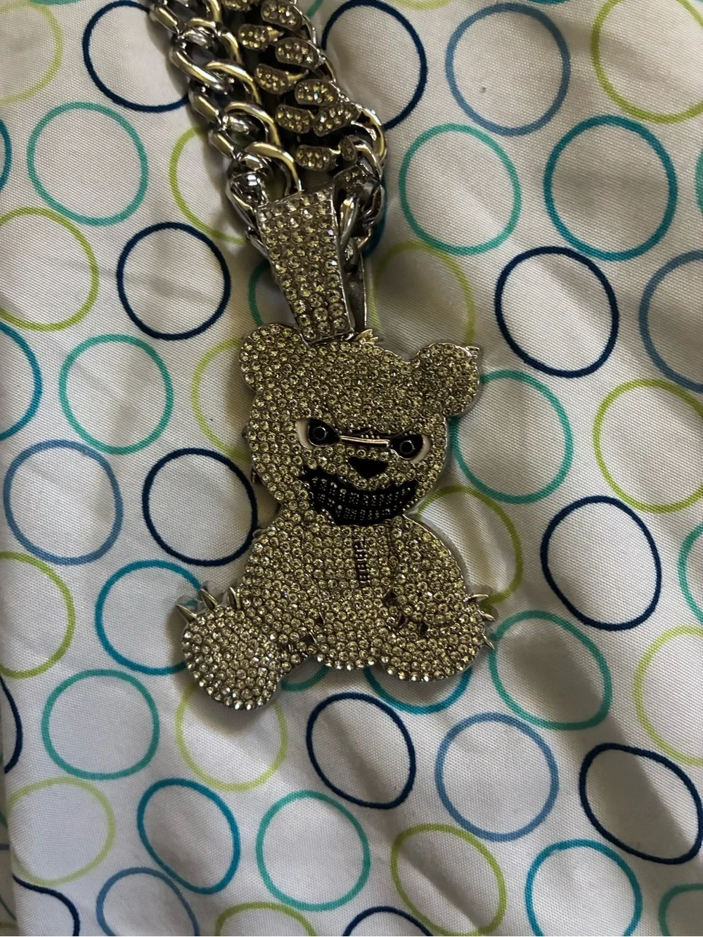 Iced Out Silver Teddy Pendant Cuban Chain Necklace